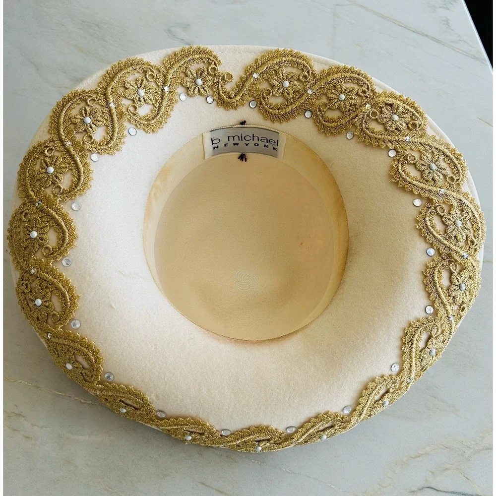 Michael New York Ivory Wide Brim Fedora Hat Gold Lace Rhinestone Size M